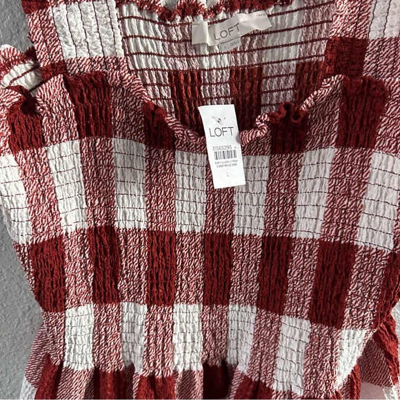 LOFT Burgundy Red & White Gingham Smocked Peplum Tank Top NWT Size L - Picture 2 of 9